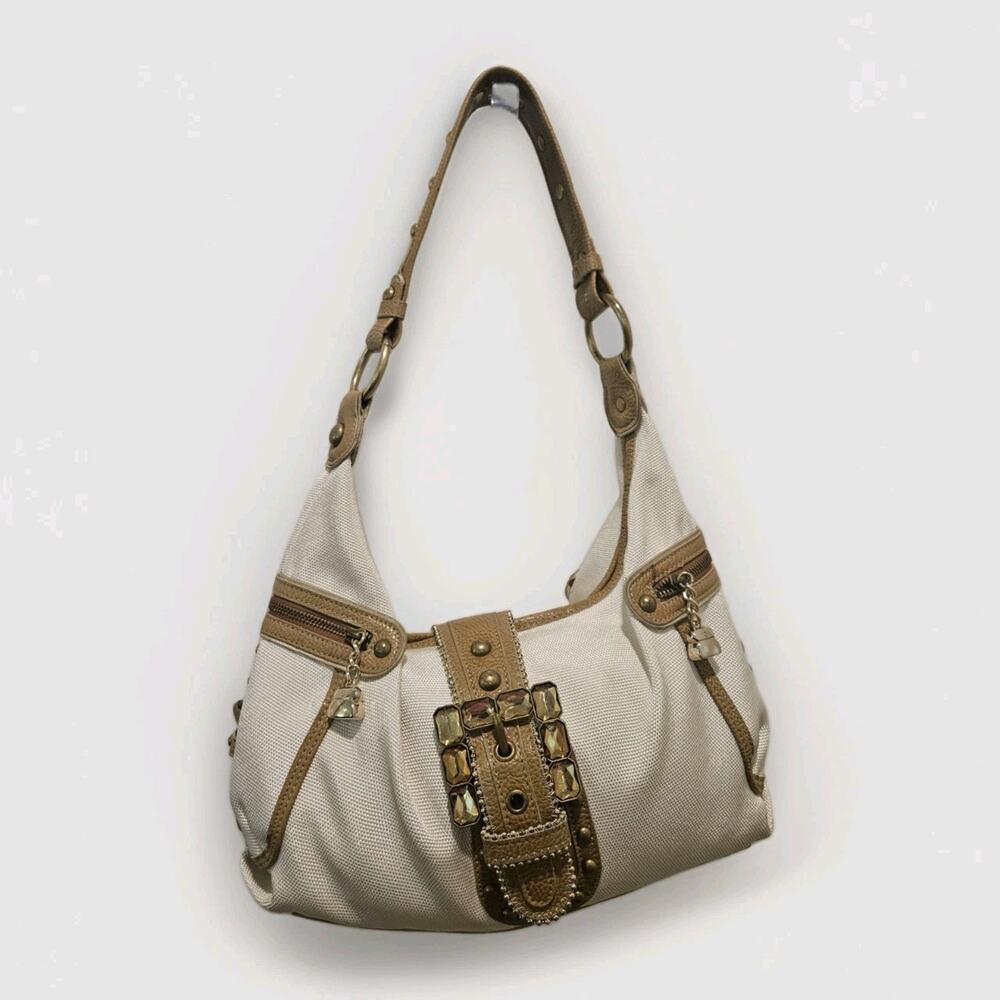 Vtg Kathy Van Zeeland Handbag Shoulder Purse Gold Hardware Cream White Rare Stud